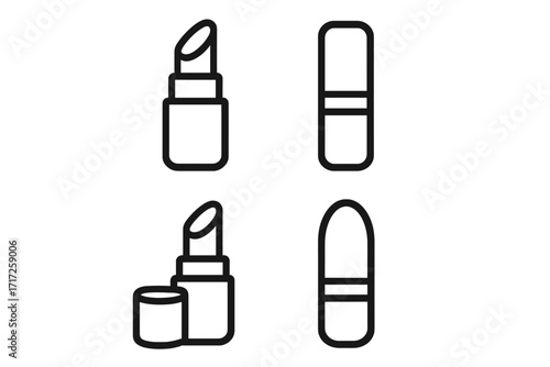 Lipstick outline icon set. Vector collection of cosmetic product symbols for beauty and makeup concepts. Simple line art illustration for web design, apps, and graphic projects.