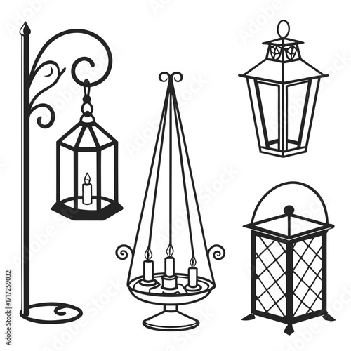 Lanterns and candles collection candlestick ornate
