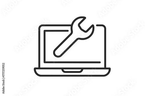 Laptop repair service icon. Computer maintenance and tech support symbol. Notebook pc hardware fix sign. Vector outline illustration for settings, configuration, and diagnostics.