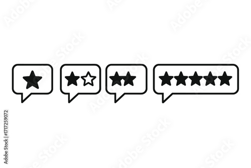 Star rating vector icon set in speech bubbles. Customer satisfaction feedback concept. Client review and product quality testimonial graphics for web and apps. Five star ranking.