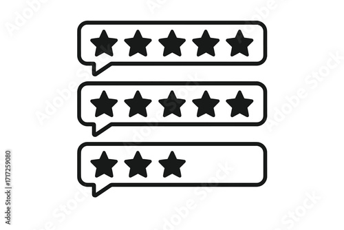 Star rating feedback in speech bubbles. Vector graphic elements for customer satisfaction, product quality review, client testimonial. Five star concept. Evaluation and survey.