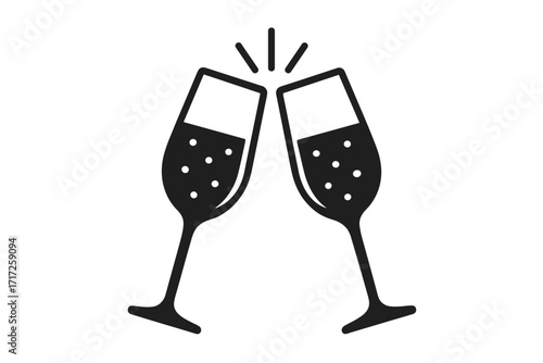 Cheers icon with two clinking champagne glasses. Toasting with sparkling wine flutes. Vector graphic for celebration, party, anniversary, wedding, new year. Success concept.