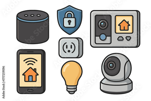 Smart home icon set vector. Internet of things concept. Home automation system with intelligent devices. Remote control, security system, smart speaker, camera, light bulb.