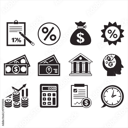  Financial icons set representing money taxes banking and time management