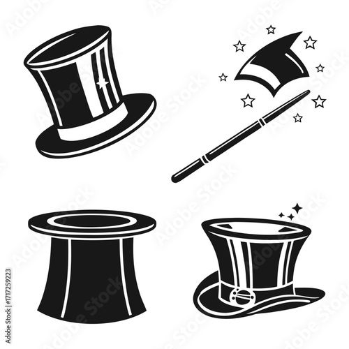 Magician hats and wand icons illusion