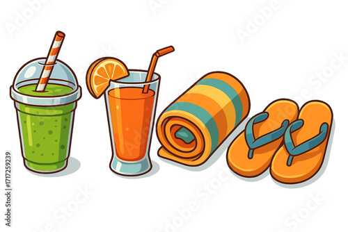Summer beach essentials set. Vector cartoon illustration of vacation items. Smoothie, juice drink, rolled towel, and flip-flops. Isolated objects for holiday travel design.