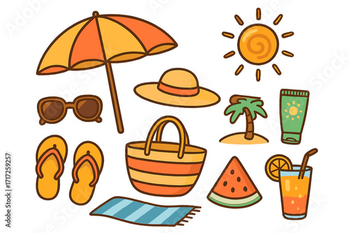 Summer beach vacation essentials icon set. Cartoon vector collection with sun, umbrella, hat, sunglasses, flip flops, bag, sunscreen, watermelon, juice. Flat holiday travel elements.