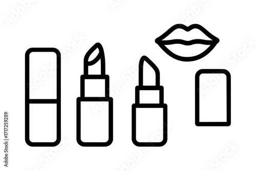 Lipstick and lips line icon set. Vector illustration of cosmetic products for makeup. Beauty salon concept. Minimal pictogram for graphic design, web, fashion, and glamour.