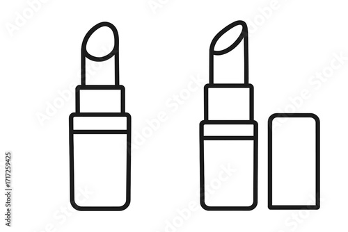 Lipstick outline icon. Makeup symbol for web design. Beauty product pictogram. Cosmetics sign. Open and closed lipstick. Pomade vector illustration. Glamour fashion concept.