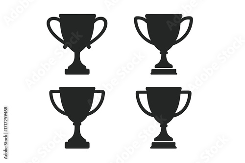 Trophy cup award icon set. Vector graphic silhouette for winner, prize, and victory concepts. Champion achievement symbol for first place in sport or business competition.