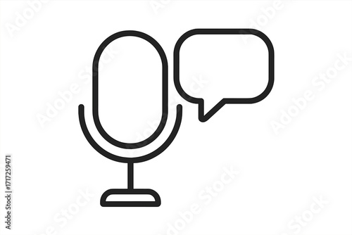 Microphone and speech bubble icon for podcast, interview, or broadcast. Voice recording and communication symbol. Vector outline illustration for web, audio logo, or app design.