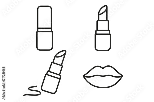 Lipstick and lips line icon set. Vector outline drawing for beauty, makeup, cosmetics. Open and closed lipstick tube with smear swatch. For graphic design, web, apps, cards.