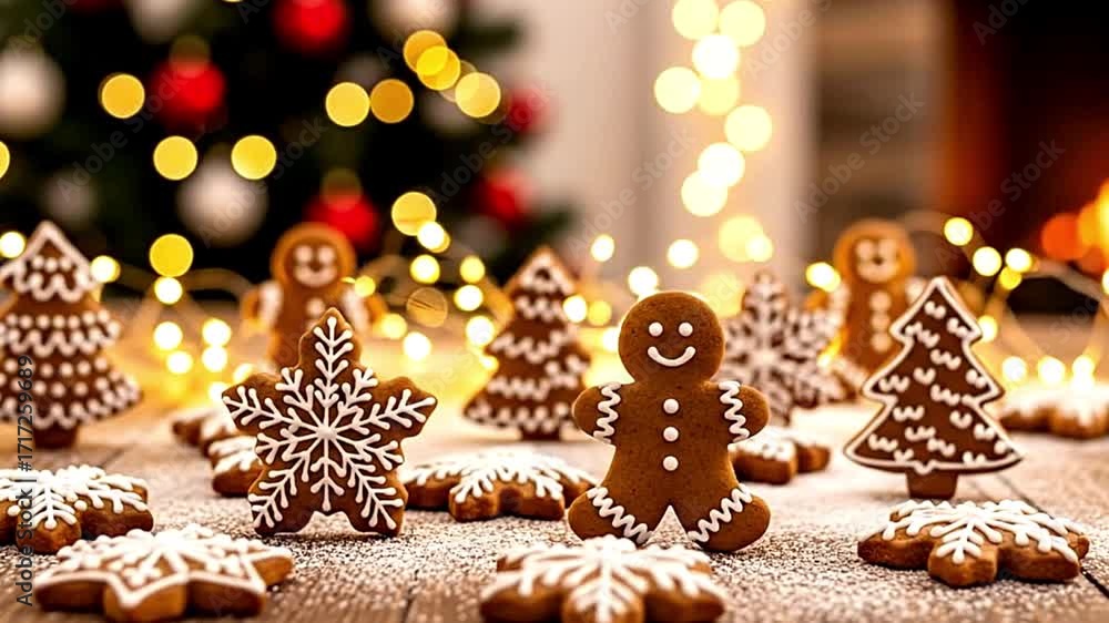 Gingerbread cookies on a dusted wood surface including trees stars and a gingerbread man with bokeh lights and tree in the background Gingerbread cookies on a dusted wood surface including trees stars and a gingerbread man with bokeh lights and tree in the background
