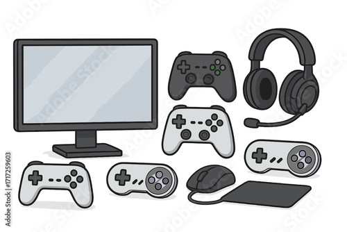 Gaming accessories vector illustration set. Game controllers, joystick, gamepad, headset, monitor, and mouse. eSports and video game equipment cartoon icons for gamer culture.