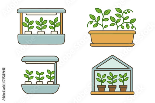 Indoor garden icon set. Hydroponic system with grow light for home gardening. Smart garden for growing seedlings and herbs. Urban farming, greenhouse vector illustration collection.