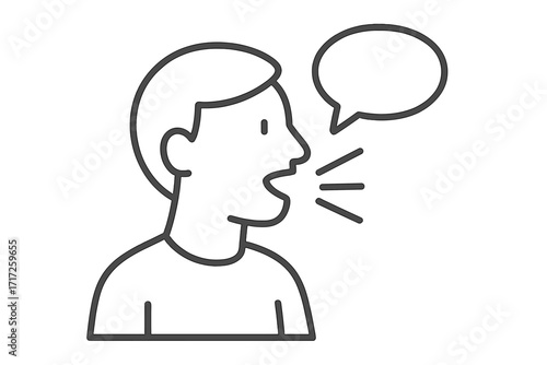 Person speaking icon with speech bubble. Man talking, head profile line art. Communication, announcement, voice, public speech, opinion, message vector concept symbol.
