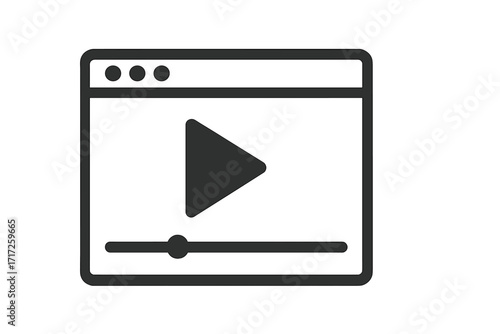 Video player window icon with play button and progress bar. Vector illustration symbol for digital media interface, online streaming, movie playback and web concept. UI/UX.