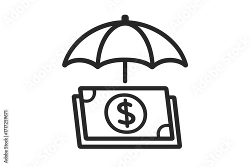 Money under umbrella icon. Financial protection metaphor. Investment safety, wealth security, and savings insurance concept. Asset management, budget defense, and cash care sign.