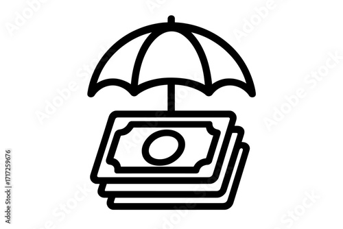 Money under umbrella icon representing financial protection, insurance, and wealth security. Concept of savings safety, asset protection, and investment shield. Secure income vector.