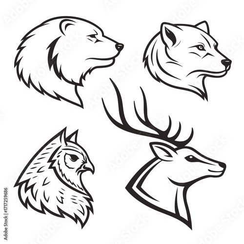 Minimalist animal heads bear wolf owl deer bear head