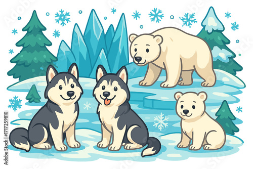 Winter landscape with happy husky dogs, playful polar bears, snowflakes, icy mountains, and snowy pine trees in colorful cartoon vector illustration