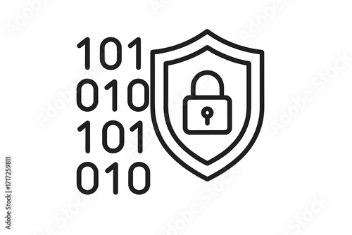 Data privacy, security icon with binary code and shield. Vector for cyber protection, encryption, online safety. Concept for secure network, digital data defense, and firewall.