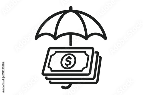 Money under umbrella icon. Financial protection and security concept. Vector for insurance, secure savings, investment safety, wealth management, and retirement fund.