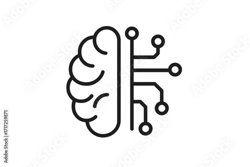 Cognitive augmentation brain icon with human and circuit hemispheres, vector thin line illustration for hybrid intelligence, AI artificial intelligence integration concept technology