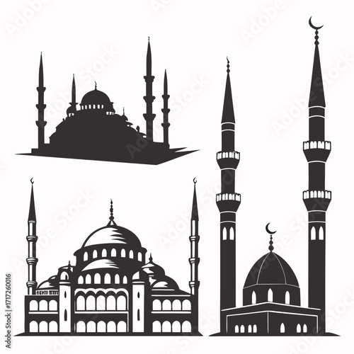Mosque minarets domes Islamic architecture silhouette