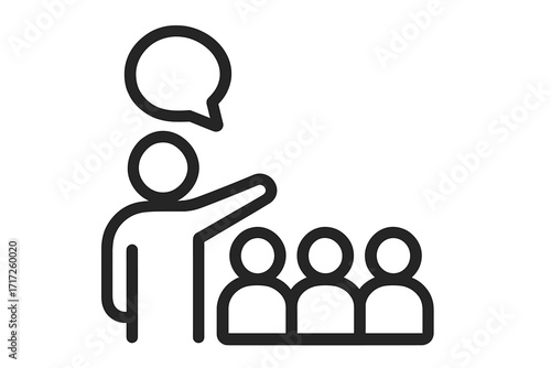Leadership and communication vector line icon. Concept for business presentation, team meeting, conference, training, or workshop. Speaker, leader, coach addressing an audience.