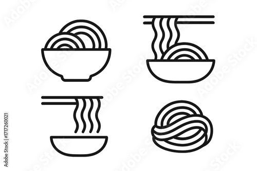 Noodle icon set vector line art. Ramen, pasta, soba outline symbols. Asian food, chopsticks in bowl. Simple minimalist graphic for restaurant menu, logo, web design, app.