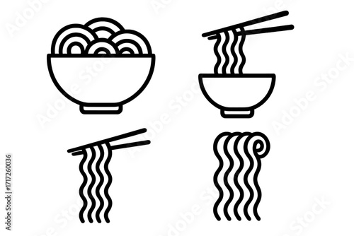 Noodle line icon set. Ramen, pasta, spaghetti in a bowl with chopsticks. Asian, Chinese, Japanese food symbol for restaurant menu, web design, app. Vector outline graphic.