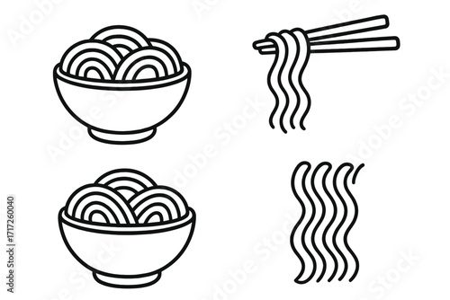Noodle and ramen line icon set. Chopsticks holding pasta, Asian food in a bowl. Vector graphic symbols for restaurant menu, web design, apps, and instant noodles packaging.