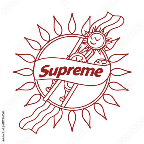 Supreme brand logo featuring a stylized sun with a banner and flag