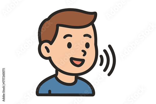 Talking person icon. Man speaking symbol. Voice command or communication concept. Young boy face avatar for profile. Flat cartoon vector illustration for web, posts, and ads.