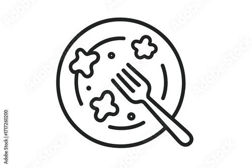 Dirty plate and fork line icon. Finished meal with leftover food. Vector for concepts of food waste, washing dishes, hunger, satiety, gluttony, diet, and kitchen cleaning.