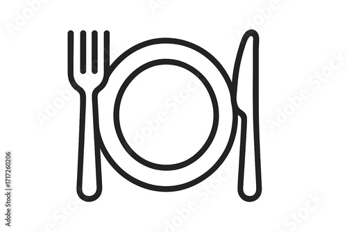Restaurant food icon with plate, fork, and knife. Simple cutlery outline for dinner & lunch menu. Mealtime vector symbol for eating, dining, cafe, bistro & web design.