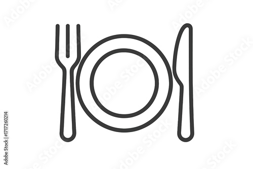 Plate with fork and knife line icon. Restaurant sign. Food, meal, dinner concept. Dining symbol. Cutlery and tableware pictogram for web design, app, menu. Vector illustration.