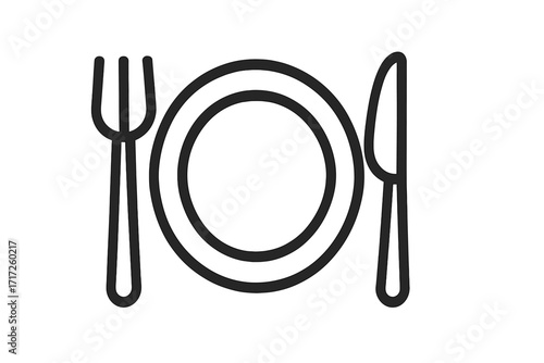 Plate with fork and knife outline icon. Vector illustration for restaurant menu, food blog, or cooking app. Minimalist tableware symbol for dinner, lunch, and eating concepts.