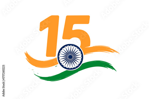 Indian Independence Day celebration on 15th August. Patriotic vector graphic with tricolor flag brush stroke and Ashoka Chakra. Abstract design for banner, poster or greeting.