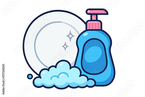 Dish washing vector icon. Clean sparkling plate with dish soap dispenser and foam bubbles. Household chore concept. Kitchen hygiene and cleaning liquid detergent cartoon illustration.