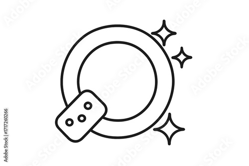 Clean dish wash icon with sponge and sparkles. Vector line art illustration for household chores, kitchen cleaning service, and hygiene concepts. Graphic symbol for web and apps.