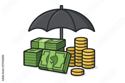 Concept of money protection. Financial security and insurance. Savings under an umbrella. Wealth management. Investment safety. Bank deposit protection. Cartoon vector icon.