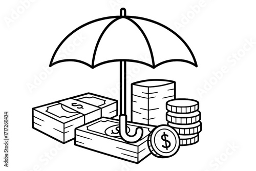 Money under umbrella vector icon. Financial protection concept. Business insurance for savings, investment, and wealth management. Asset safety and economic security outline.