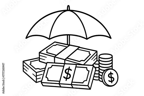 Money under umbrella concept for financial protection, insurance, and savings. Vector illustration of cash, coins, and wealth security. Investment and economic safety symbol.