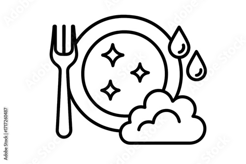 Clean plate and fork outline icon. Dishwashing concept with soap foam and water drops. Shiny sparkling dishes for hygiene and household chores. Vector symbol for web design.