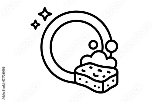 Dishwashing icon of a sparkling clean plate with a sponge and soapy foam. Concept for hygiene, household chores, and cleanliness. Outline vector for web and graphic design.