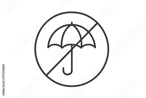 No umbrella sign. Umbrella forbidden icon. Do not use umbrella warning symbol. Prohibited and restriction concept. Thin line vector for web, apps, and graphic design.
