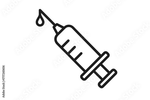 Syringe thin line icon. Vector outline symbol for injection, vaccination, medical treatment. Minimal illustration of a shot, dose of medicine or vaccine for healthcare concept.