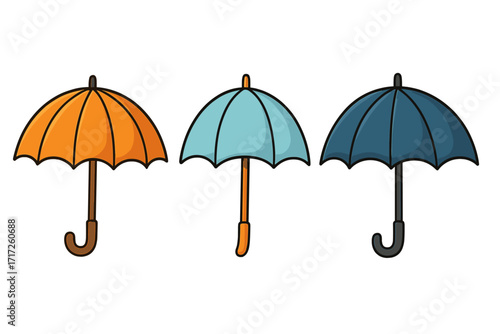 Colorful umbrella vector set. Cartoon parasol and bumbershoot illustration collection. Isolated weather protection icon for graphic design, web, apps. Rain and sun concept.